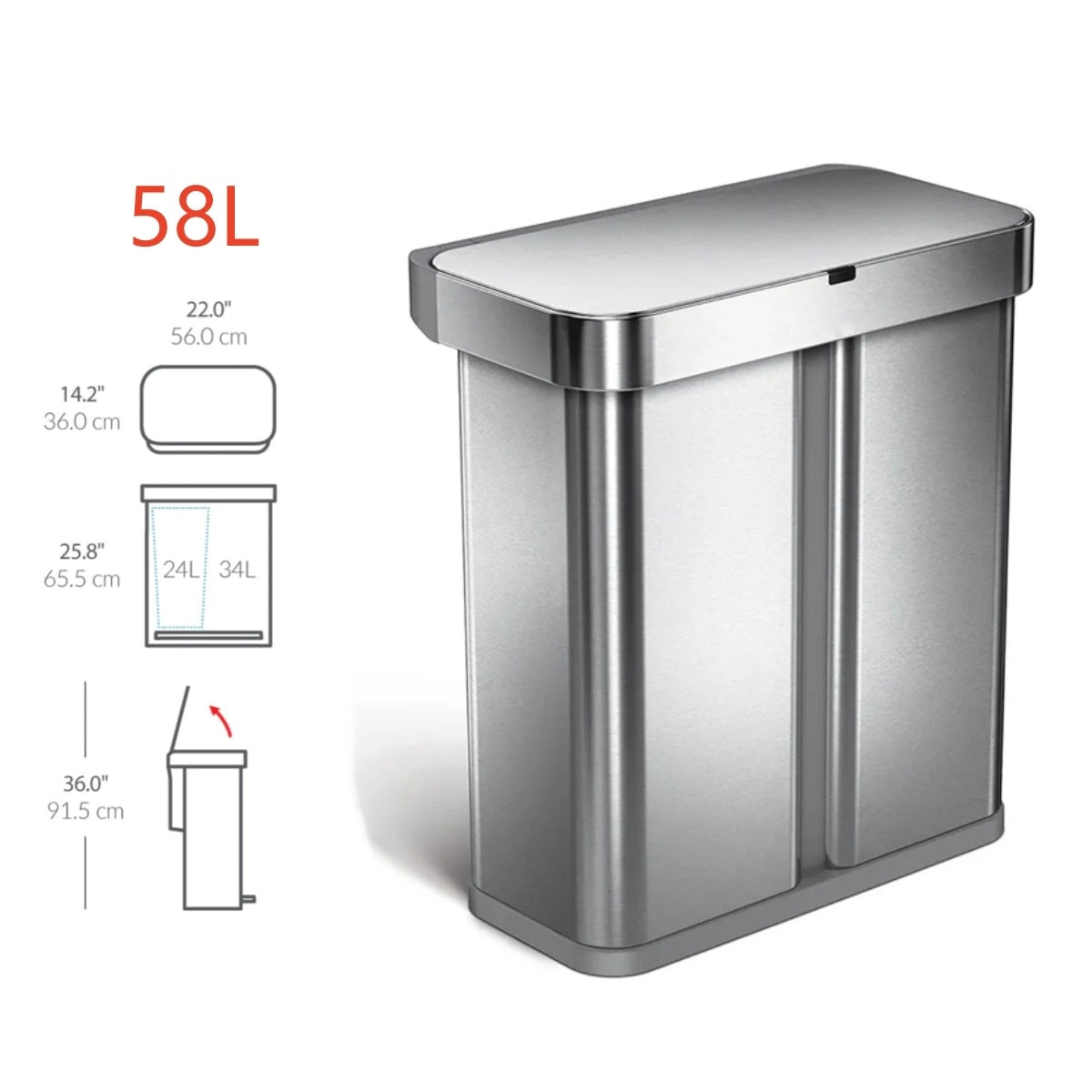 58L-Cestino rettangolare a pedale a doppio scomparto-Cestino con sensore intelligente