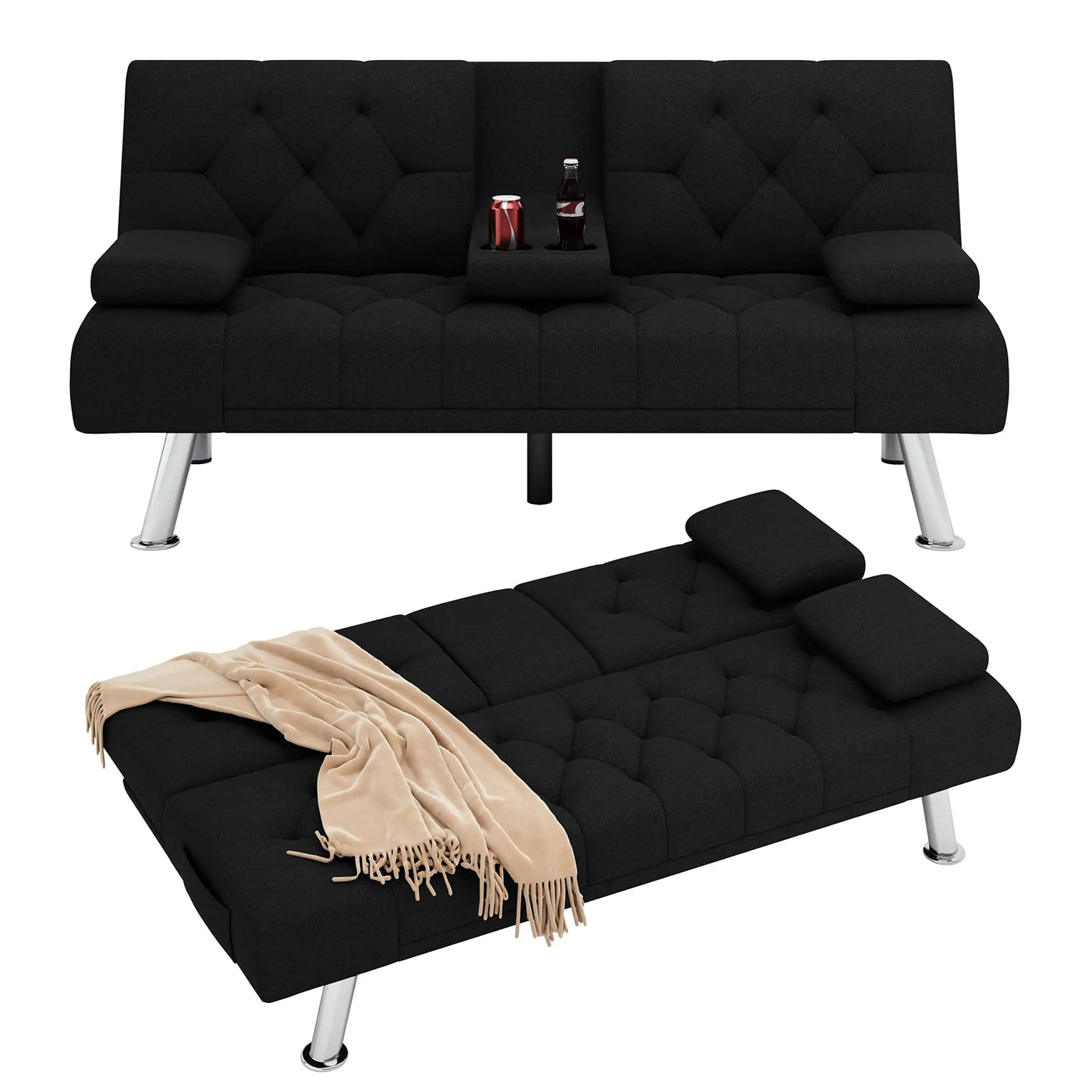 Divano letto futon trasformabile, divano letto pieghevole da 168,5 cm con braccioli rimovibili e 2 portabicchieri