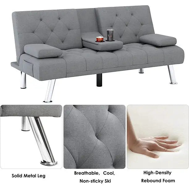 Divano letto futon trasformabile, divano letto pieghevole da 168,5 cm con braccioli rimovibili e 2 portabicchieri