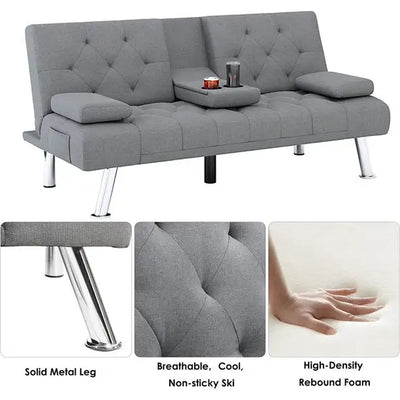 Divano letto futon trasformabile, divano letto pieghevole da 168,5 cm con braccioli rimovibili e 2 portabicchieri