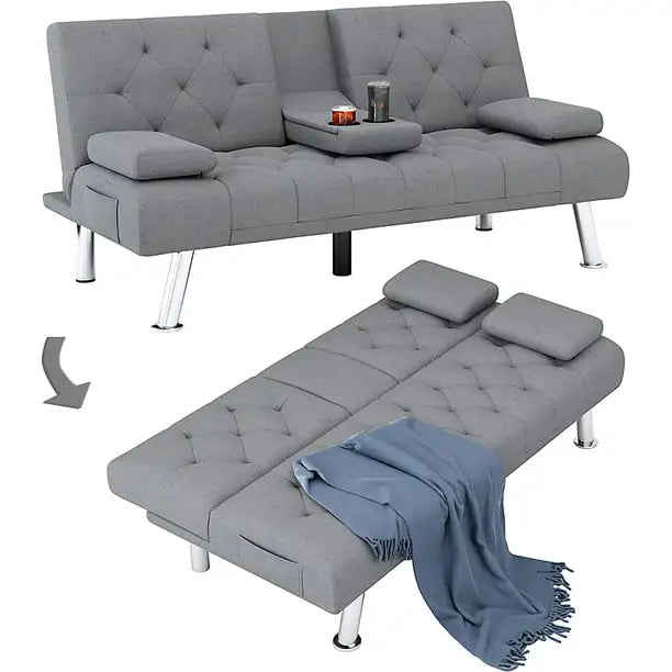 Divano letto futon trasformabile, divano letto pieghevole da 168,5 cm con braccioli rimovibili e 2 portabicchieri