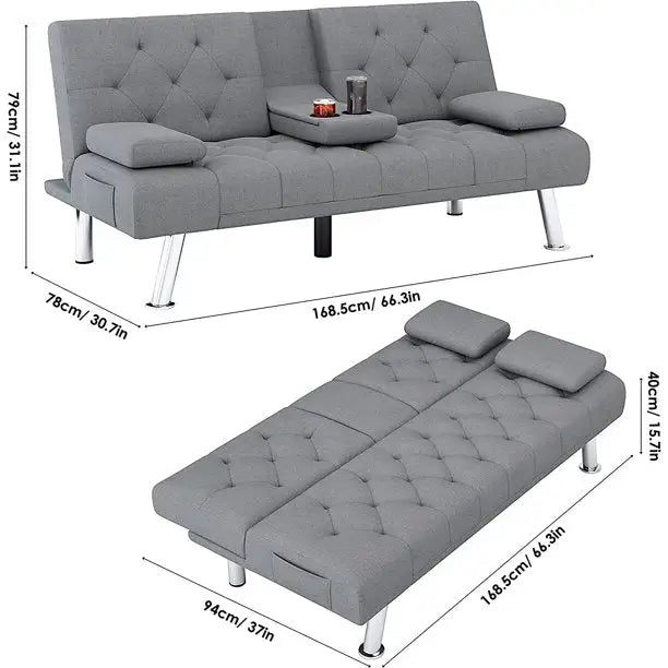 Divano letto futon trasformabile, divano letto pieghevole da 168,5 cm con braccioli rimovibili e 2 portabicchieri