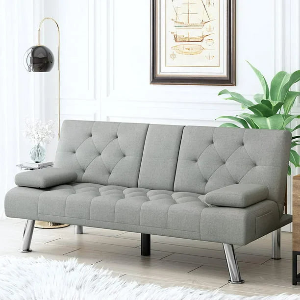 Divano letto futon trasformabile, divano letto pieghevole da 168,5 cm con braccioli rimovibili e 2 portabicchieri