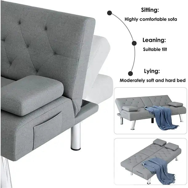Divano letto futon trasformabile, divano letto pieghevole da 168,5 cm con braccioli rimovibili e 2 portabicchieri
